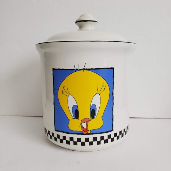 Vintage Tweety Bird Looney Tunes Warner Bros Cookie Jar White Black Check 1993 - Picture 1 of 11